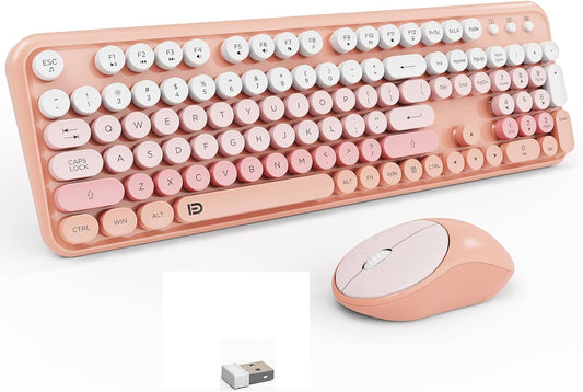 Wireless Keyboard and Mouse Combo, 2.4 GHz Full-Sized Wireless Keyboard Mouse with Round Keycaps for Windows, Computer, Desktop, PC, Laptop (GradientPink)