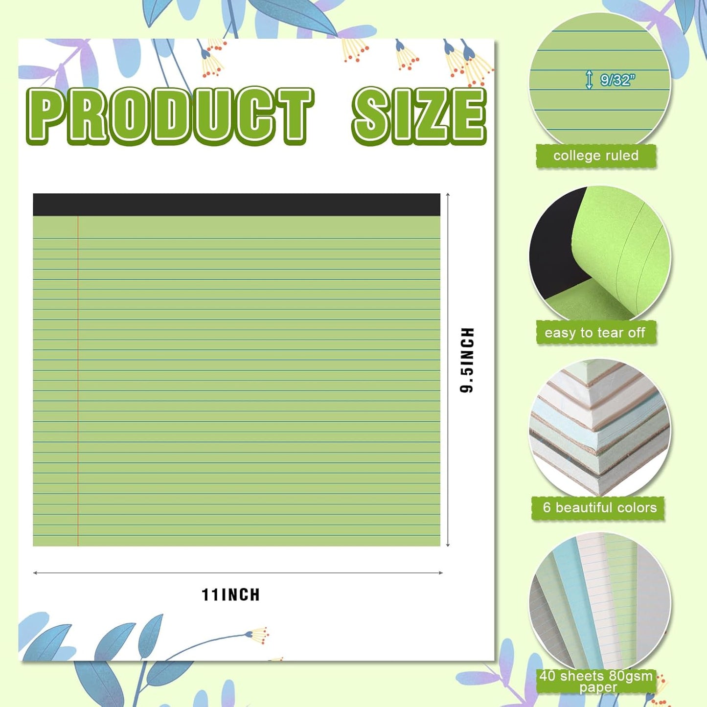 Lincia 6 Pcs 11" x 9.5" Legal Pads College Ruled Notepad Landscape Notebook Horizontal Lined Notebook 80 Gsm Assorted Colors Paper Pastel Writing Pads for School Office, 40 Sheet (Natural Color)