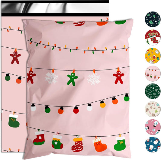 Christmas Poly Mailer 10x13 Inch 100 Pcs, Waterproof Shipping Bags with Self-Seal - Tear-Resistant, Christmas Lights Printed