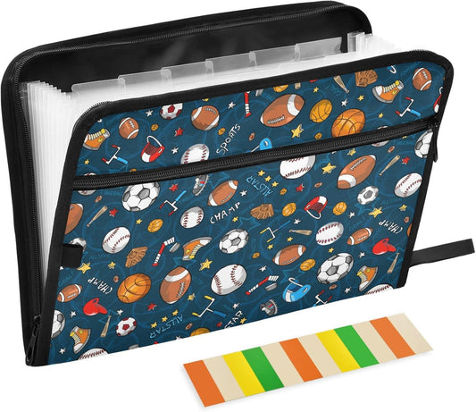 Gredecor Baseball Football Ball Pattern Expanding File Folder 13 Pockets Sports Theme Expandable Filing Folders Accordion Document Files Organizer for A4 Letter Size Paper