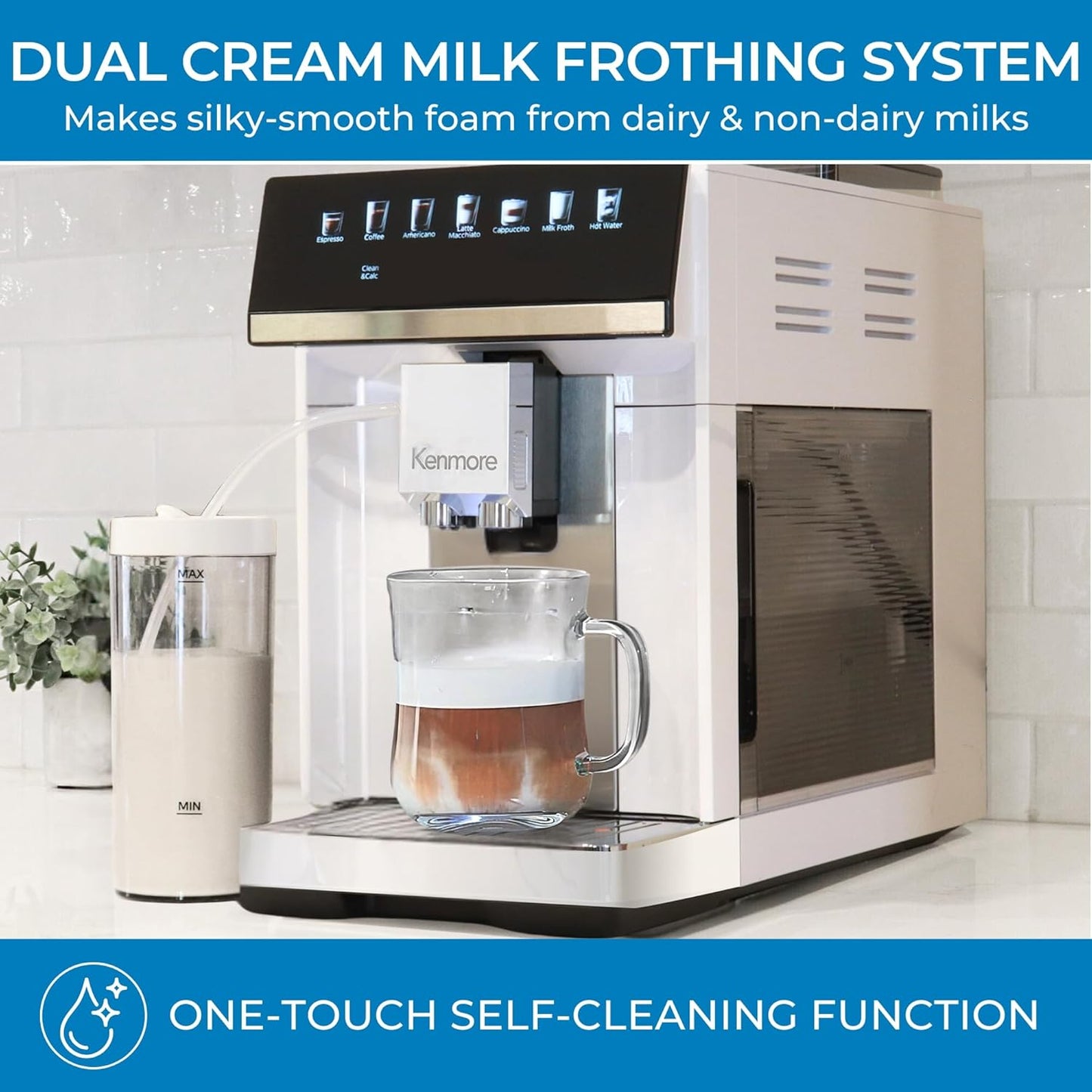 Koolatron Kenmore Espresso Machine – All-In-One Fully Automatic Coffee Maker With Auto Tamper, Descaler, Milk Steamer & Frother, Bean Grinder, Professional Barista Style Cappuccino, Cafe Latte, White