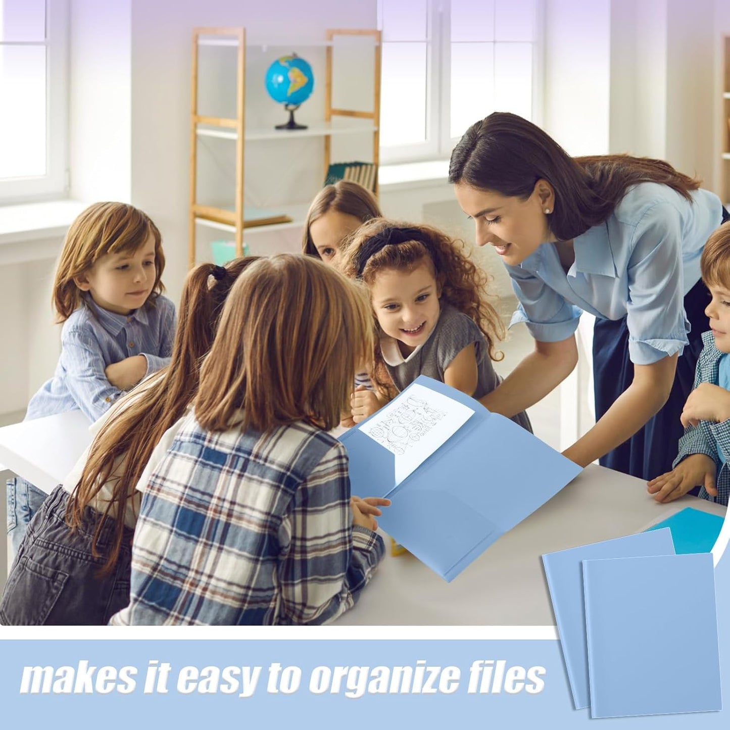 Gueevin 150 Pcs Plastic Folders with Pockets, Two Pocket Folder Fit 8.5 x 11 Inch Letter Size Paper, Heavy Duty School Folders Business Card Holder for Home Office School Bussiness (Haze Blue)