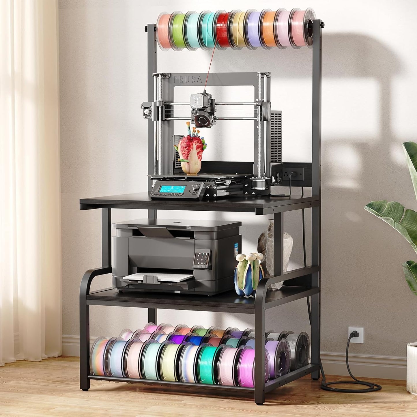 Homieasy Printer Stand with Charging Station, 29.1" x 22.8" Large 3D Printer Table with Filament Storage, Heavy Duty Rolling Printer Cart with 4-Tier Storage for Workshop/Office/Garage, Black