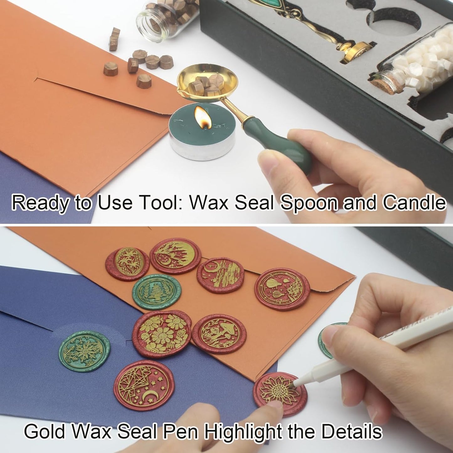 Letter Wax Seal Stamp Kit, Andotopee Wax Seal Kit Initial Alphabet F Sealing Wax Stamp Head 3pcs, Vintage Wax Stamp Seal Kit with Wax Seal Beads, Wax Seal Warmer Tools, Wax Seal Pen, Gift Box Set