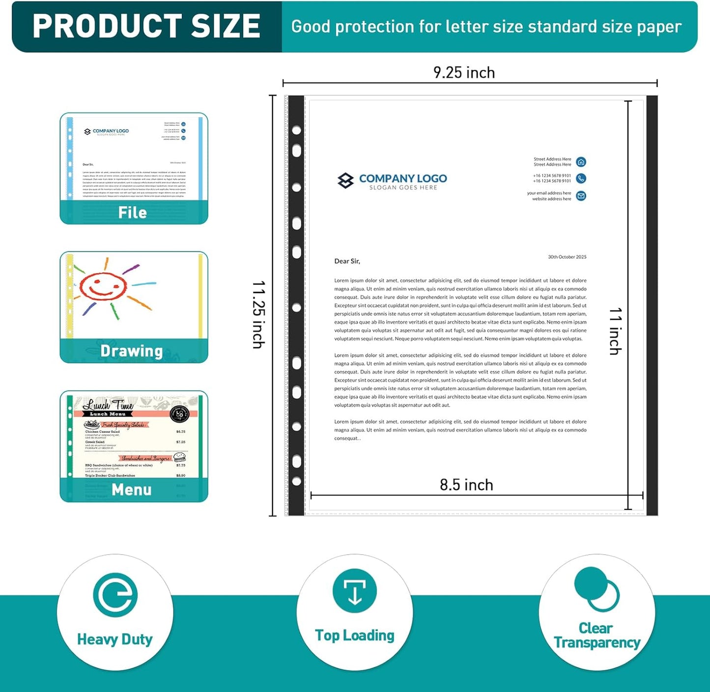 Sheet Protectors, PANDRI 200 Pack Color Heavy Duty Plastic Page Protectors Sheet Reinforced 11-Hole Fit for 3 Ring Binder Fits Standard 8.5 x 11 Paper, 9.25 x 11.25 Top Loaded, Excluding Acid