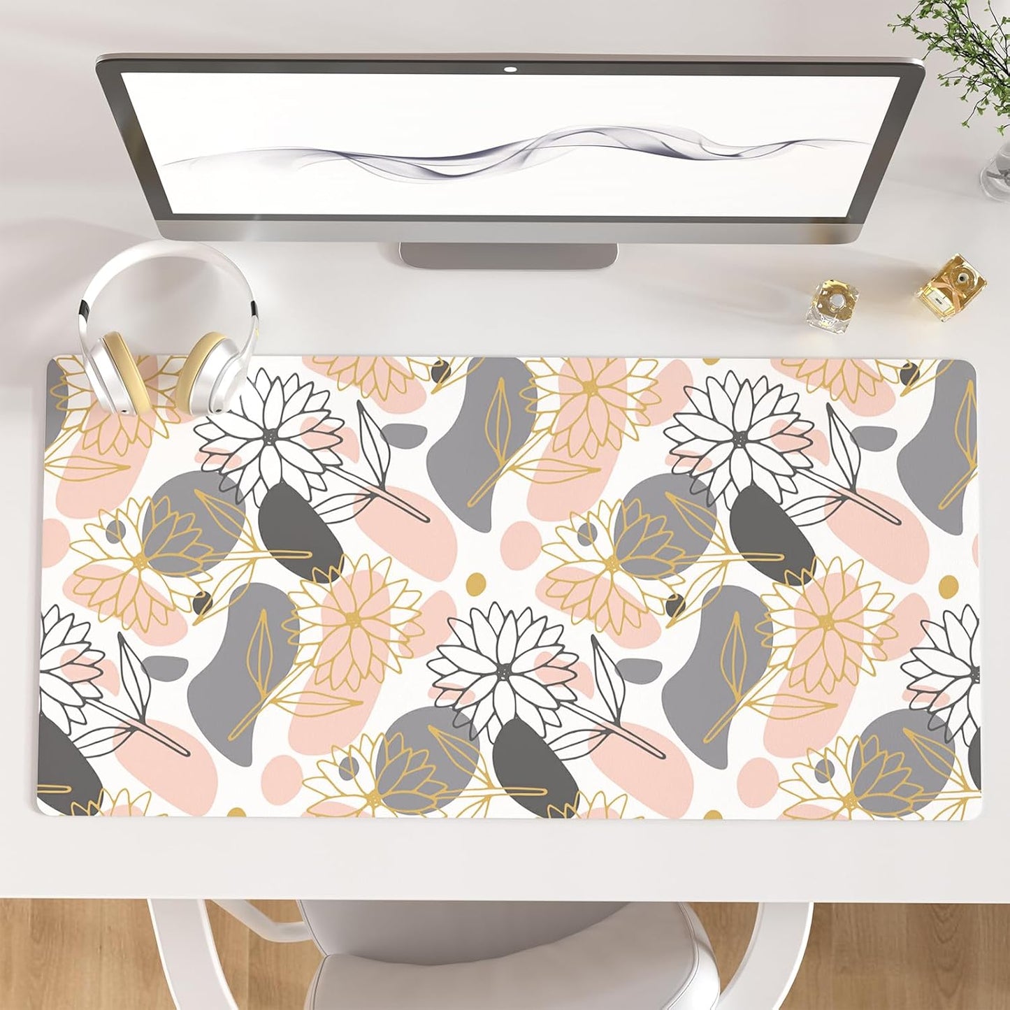 QiyI Large Mouse Pad, Extended Desk Mat for Desktop, PU Leather Waterproof Gaming Mousepad, Computer Desk Accessories Protector Writing Pads for School Office Home 31.5" x 15.7" - Line Art Flowers