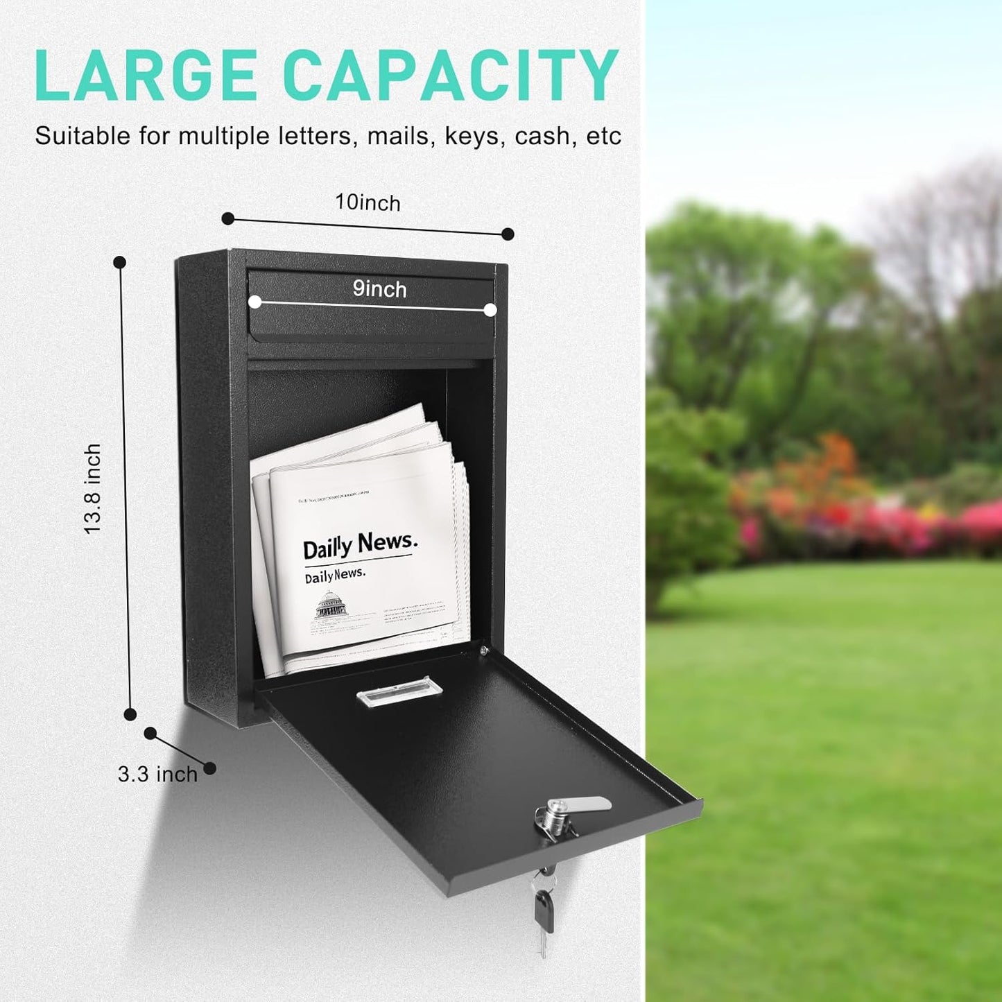 Locking Steel Mailbox, Wall Mounted - Post Office Box, Extra Large Space Secure, Comes with 2 Keys 3 Sets 0-9 Numbers - Dimensions 10.3" L x 3.35" W x 13.8" H, Black