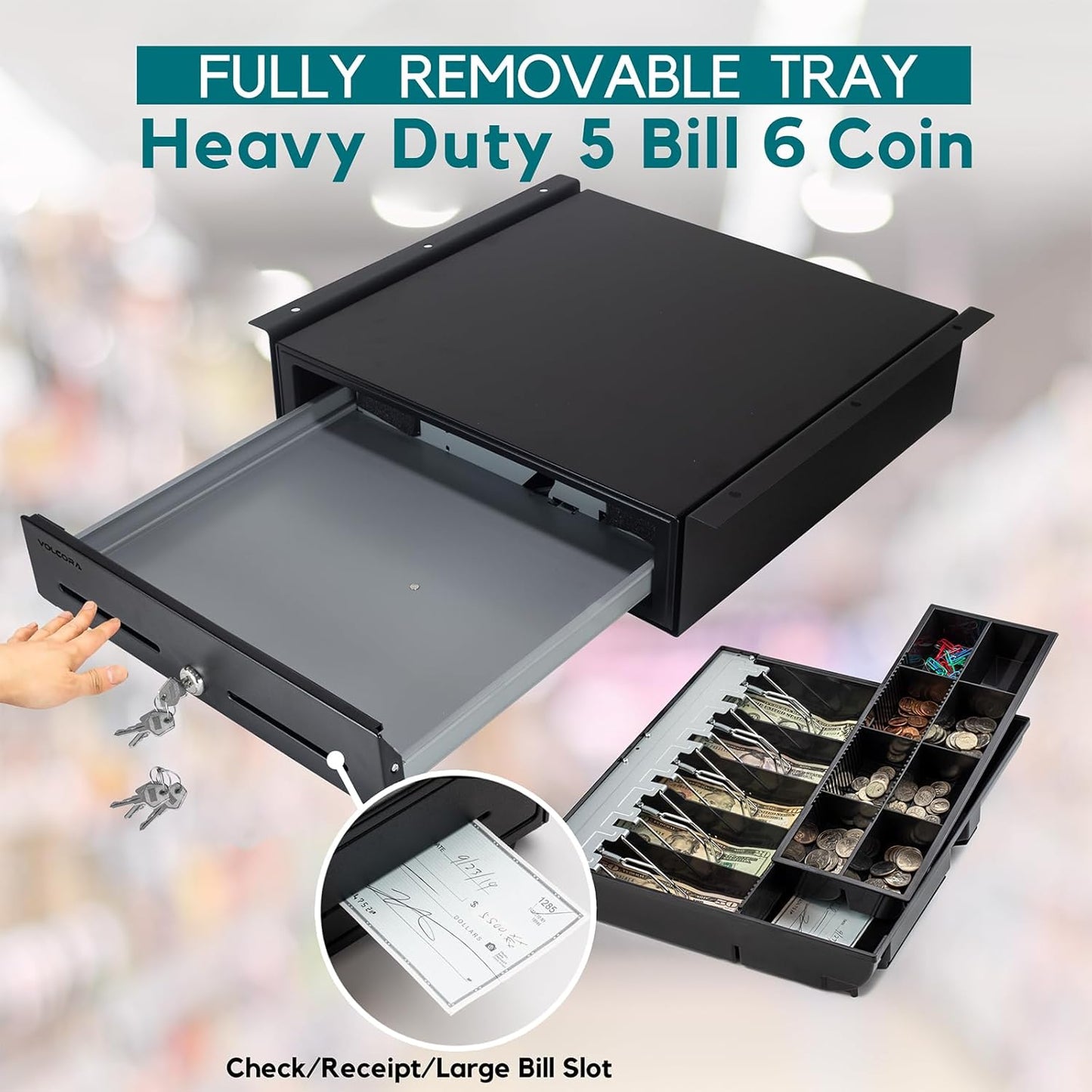 Volcora Manual Push Open Cash Register Drawer with Under Counter Mounting Metal Bracket - 16" Black Front Touch Panel Cash Drawer for POS, Fully Removable 5 Bill 8 Coin Tray, Key-Lock