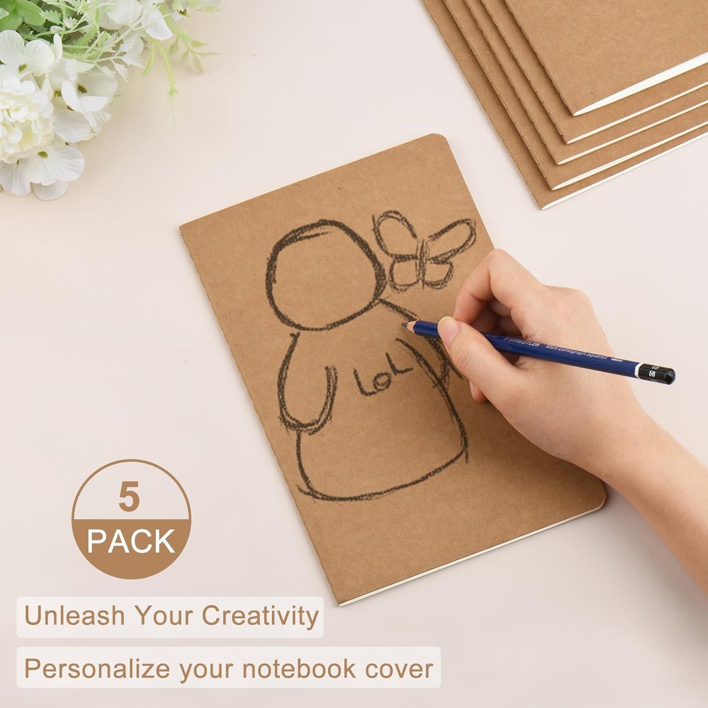 ZCZN 5 Pack A5 Kraft Notebooks Bulk, 8.15x5.5 Inches Lined Paper Journaling Notebooks, Notebooks for Work, Composition Notebooks for School, Journal Notebooks for Office, 60 Pages