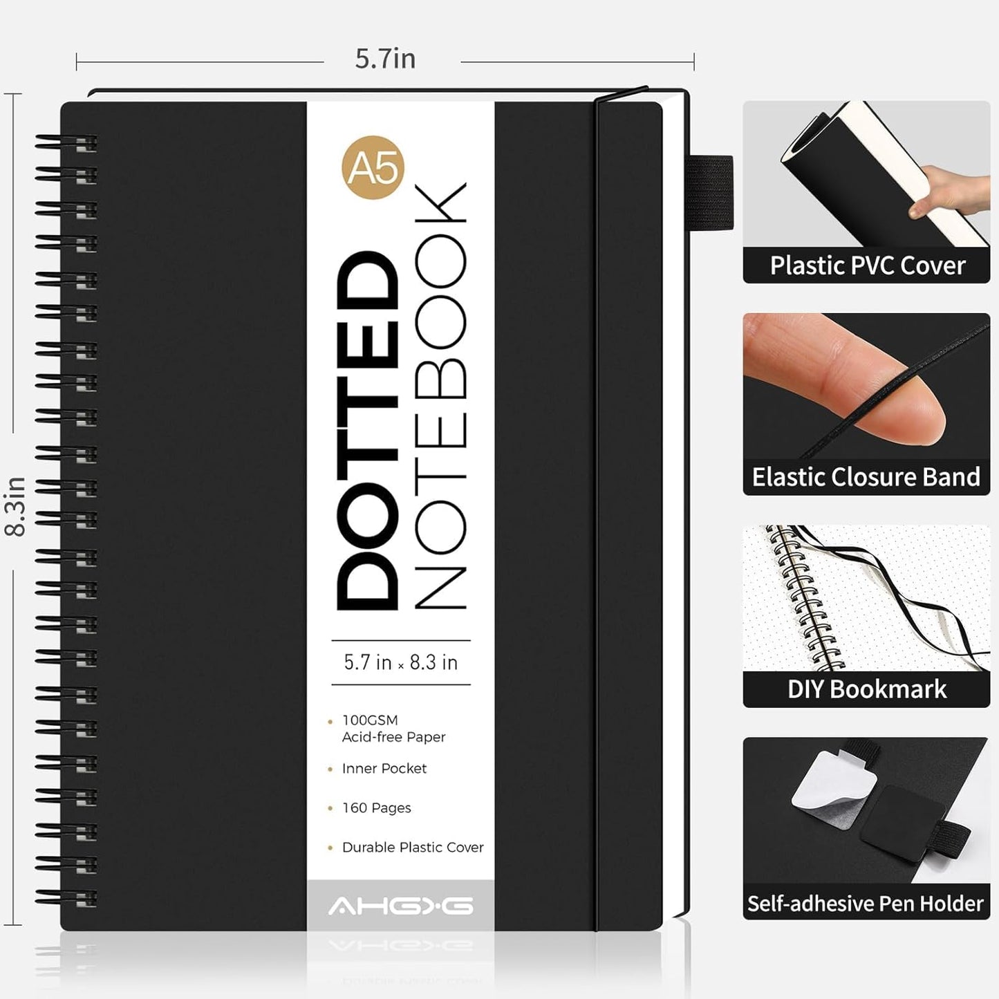 AHGXG Bullet Dotted Journal - Dot Grid Spiral Notebook A5, 160 Pages, 100 GSM Thick Paper, Waterproof Plastic Cover Journals for Bullet Journaling, Sketching, 5.7" x 8.3", Black