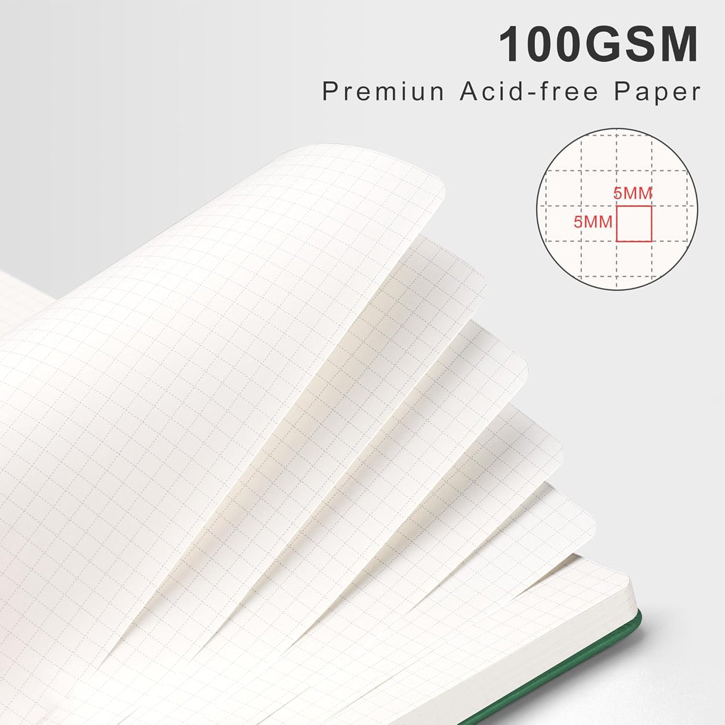 RETTACY Graph Grid Paper Notebook, 110 Pages, A4 Large Size (8.5'' × 11''), 5 Squares per Inch, Leather Hardcover, 100 GSM Thick Paper, for School, Students, Math, Engineering (Dark Green)