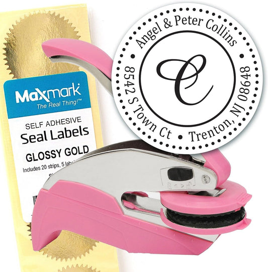 Custom Monogram Address Embosser - Personalized Round Seal with 50 Gold Seal Labels - Style EM025