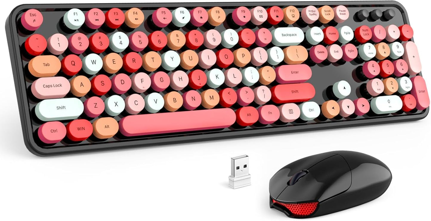 MOFII Wireless Keyboard and Mouse Combo, Black Colorful 2.4GHz Full Size Keyboard with Round Keycaps, Retro Keyboard Cute Wireless Mouse for Laptop, PC, Chromebook, Smart TV, Windows