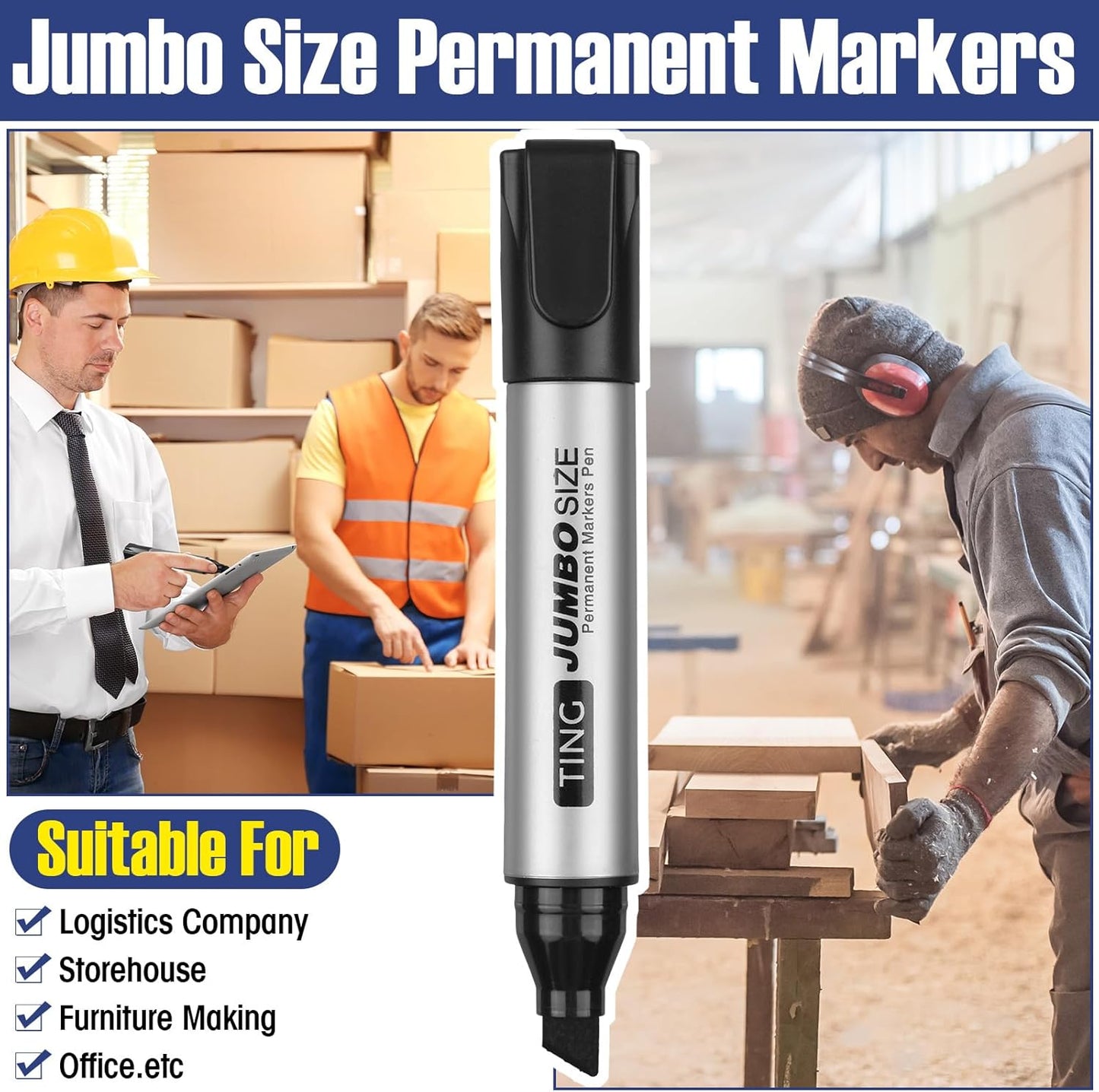 Fuutreo 10 Pack Jumbo Permanent Markers Bulk Large Chisel Tip Permanent Markers Quick Drying Waterproof Big Huge Poster Pens for Office, Logistics Company and More(Black)
