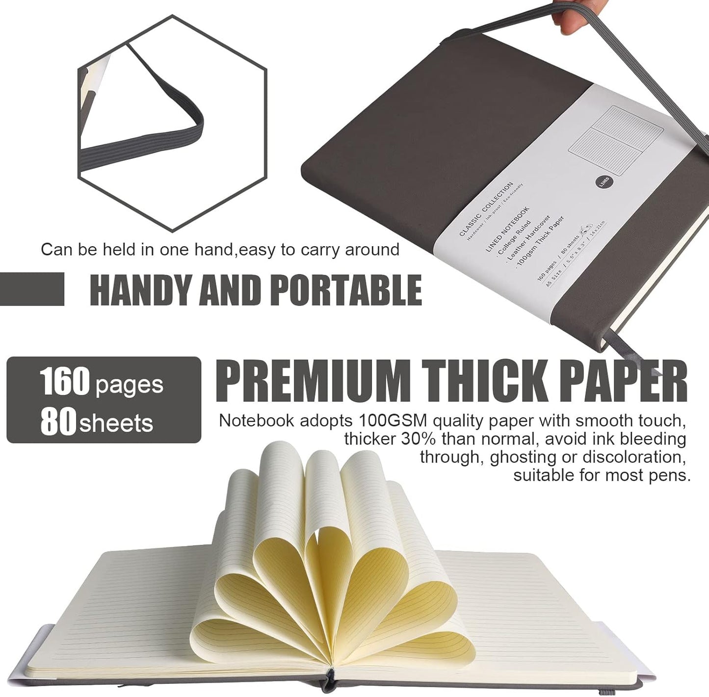 Lined Journal Notebook, 6Pack(Dark Gray), 160 Pages, Medium 5.7 inches x 8 inches - 100 gsm Thick Paper, Hardcover