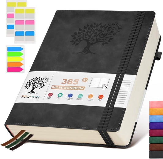 A4 Lined Journal Notebook，365 Page Large Leather Journals for Writing Women Men，Hardcover Notebook with 100Gsm Thick Pages for Travel，Work，School，College Ruled, Daily Diary (8.5" x 11.4")