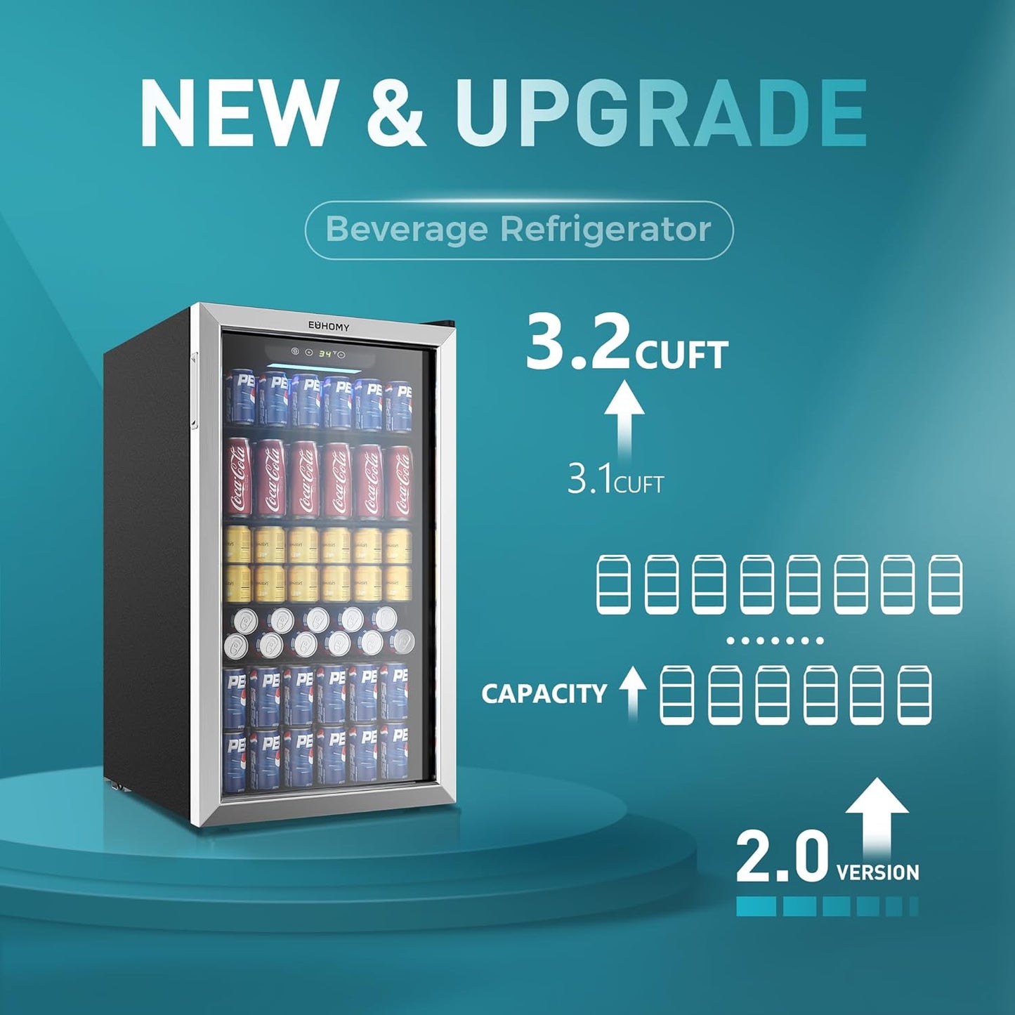 EUHOMY Beverage Refrigerator Cooler, 130 Can Mini Fridge with Glass Door for Soda Beer or Wine, Beverage Cooler for Home, Office, Bar with Adjustable Removable Shelves, Silver