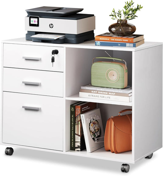 DEVAISE 3-Drawer Wood File Cabinet with Lock, Mobile Lateral Filing Cabinet, Printer Stand with Open Storage Shelves for Home Office, White