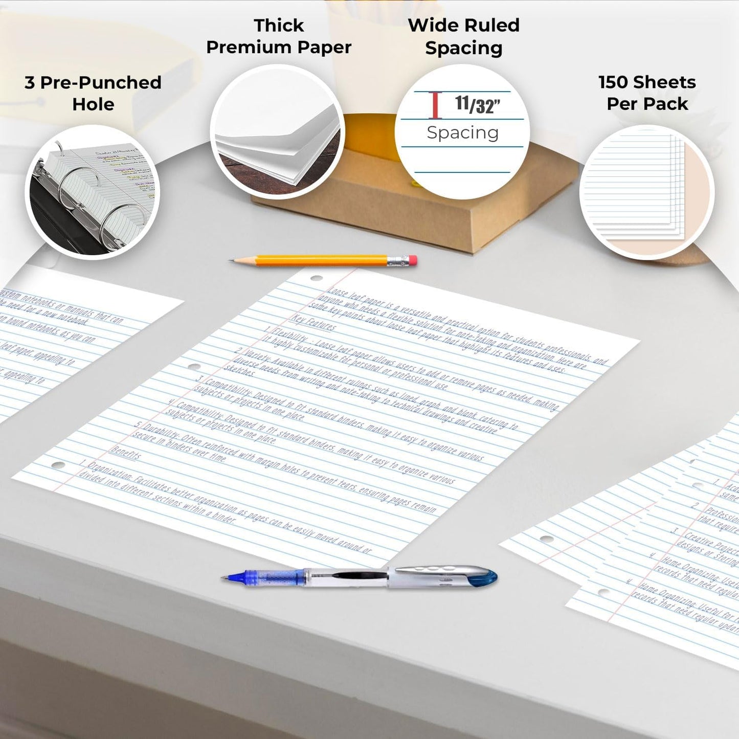 Loose Leaf Paper Bulk, 3600 Sheets, Wide Ruled, 8 x 10.5", Bulk Filler Paper for Office, 56 Gsm Thick Sheets, 3 Hole Punched for Binders, 24 Pack, 150 Sheets/Pack, Notebook Papers, White