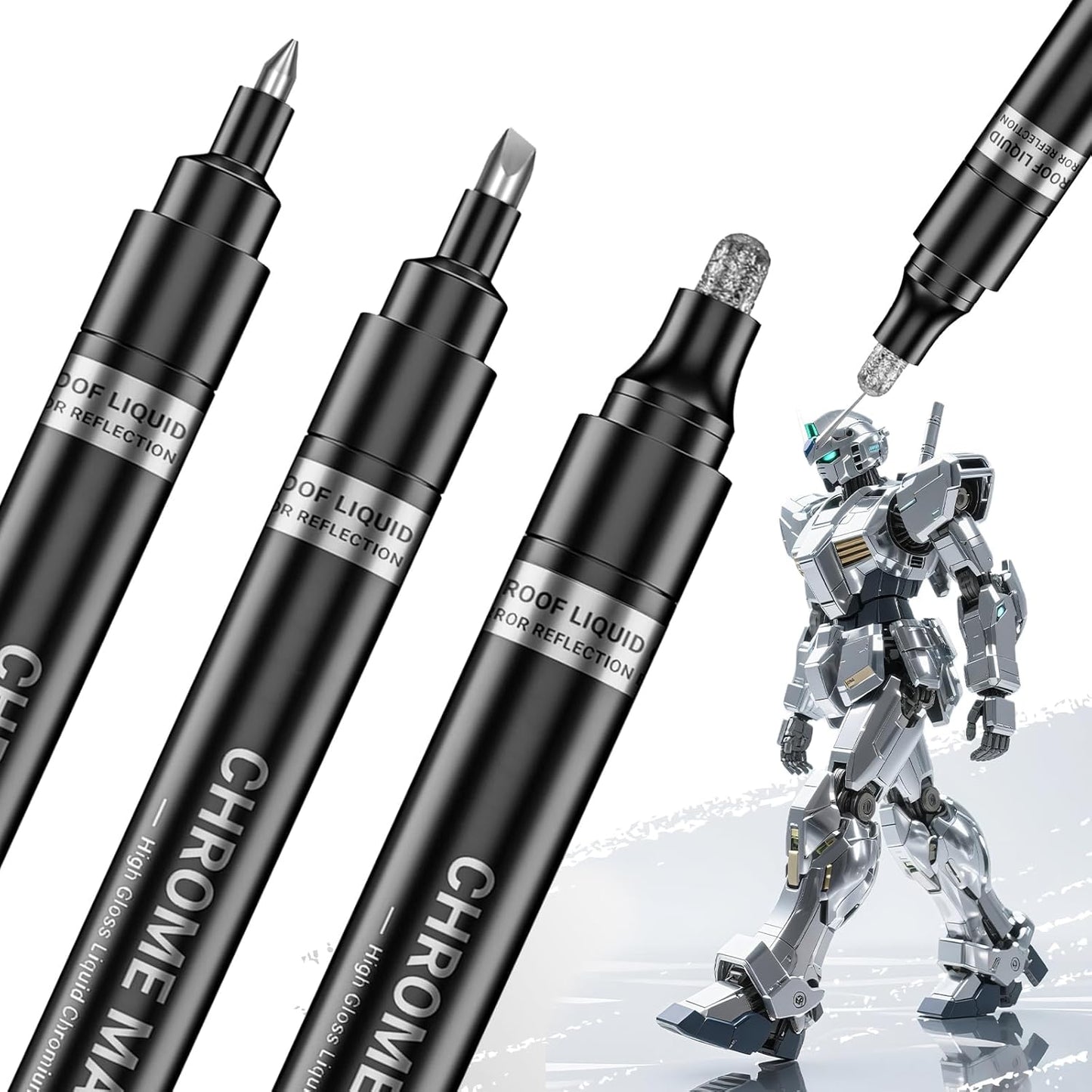 3Pcs Silver Liquid Mirror Chrome Markers, Permanent Reflective Metallic Chrome Paint Pen, High Gloss Car DIY Model Painting, Touch Up Repair Kit for Plastic Metal Glass Resins