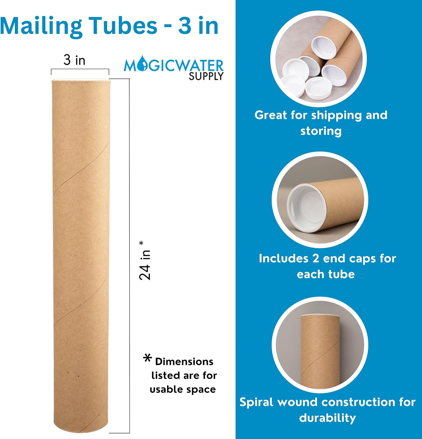 MagicWater Supply Mailing Tube - 3 in x 24 in - Kraft - 1 Pack - for Shipping and Storage of Posters, Arts, Crafts, and Documents