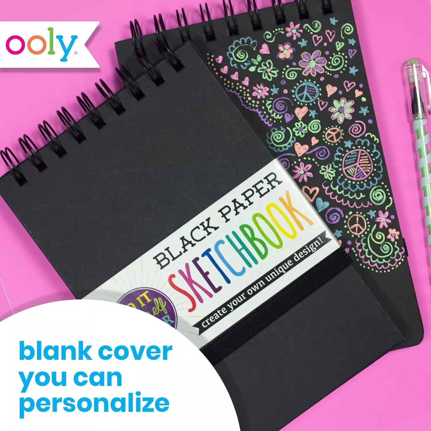 OOLY DIY Cover Large Sketchbook, 8 x 10.5 Inches, Black Paper Sketchbook Drawing Book for Kids, Adults, and Artists Great Drawing Pad for Gel Pens, White Pencils, Back to School Supplies