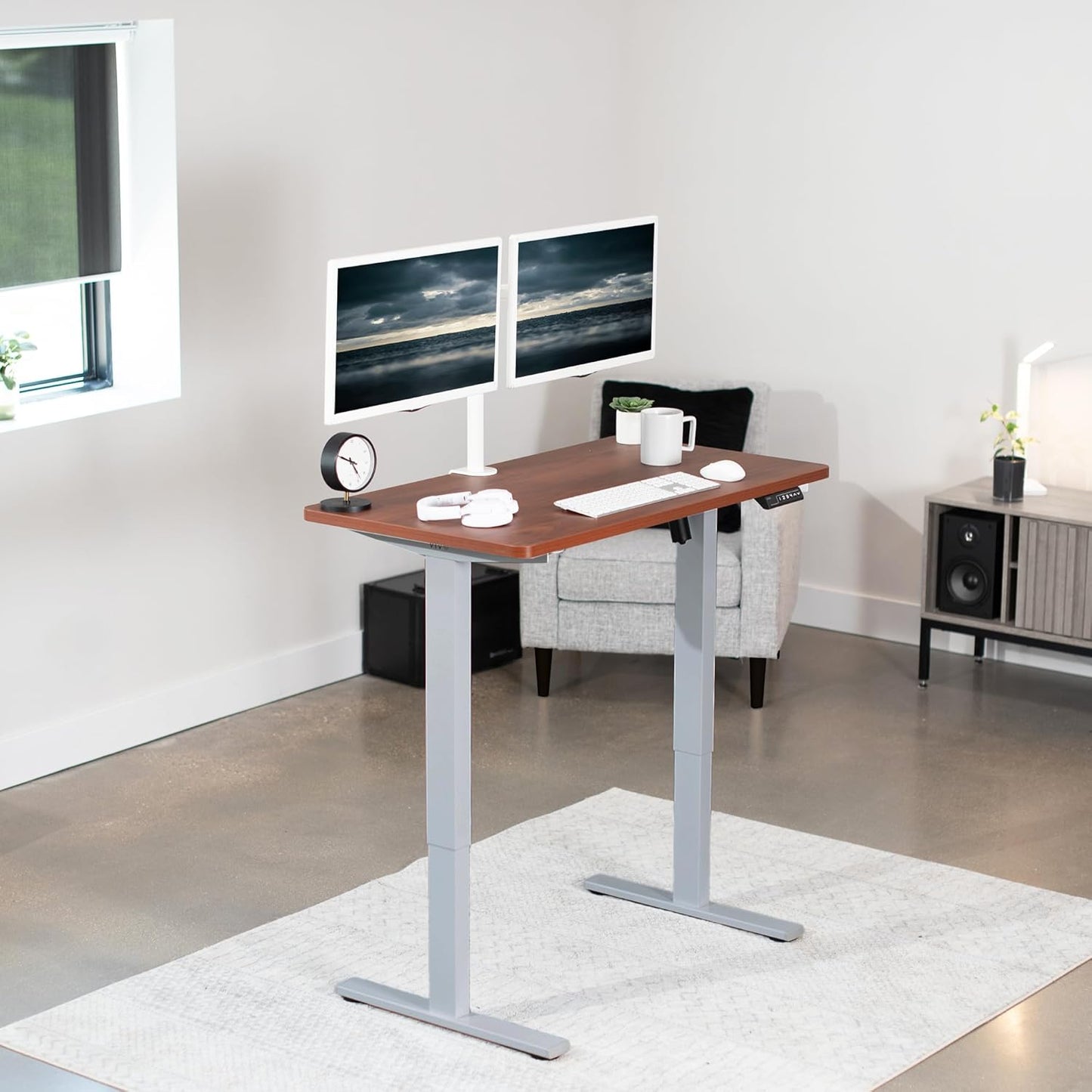 VIVO Electric 43 x 24 in Standing Desk, Memory Height Adjustment, 1B Series, One-Piece Dark Walnut Top, Gray Frame, DESK-KIT-1G4D