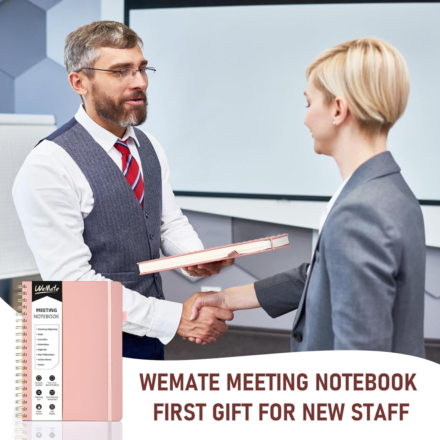 WEMATE Meeting Notebook for Work B5 (7"x10") - PU Leather Work Notebook with Agenda, Action Items & Notes - 200 Pages for Men&Women, Staff and Students, Meeting, Projects Planning -Rose Gold