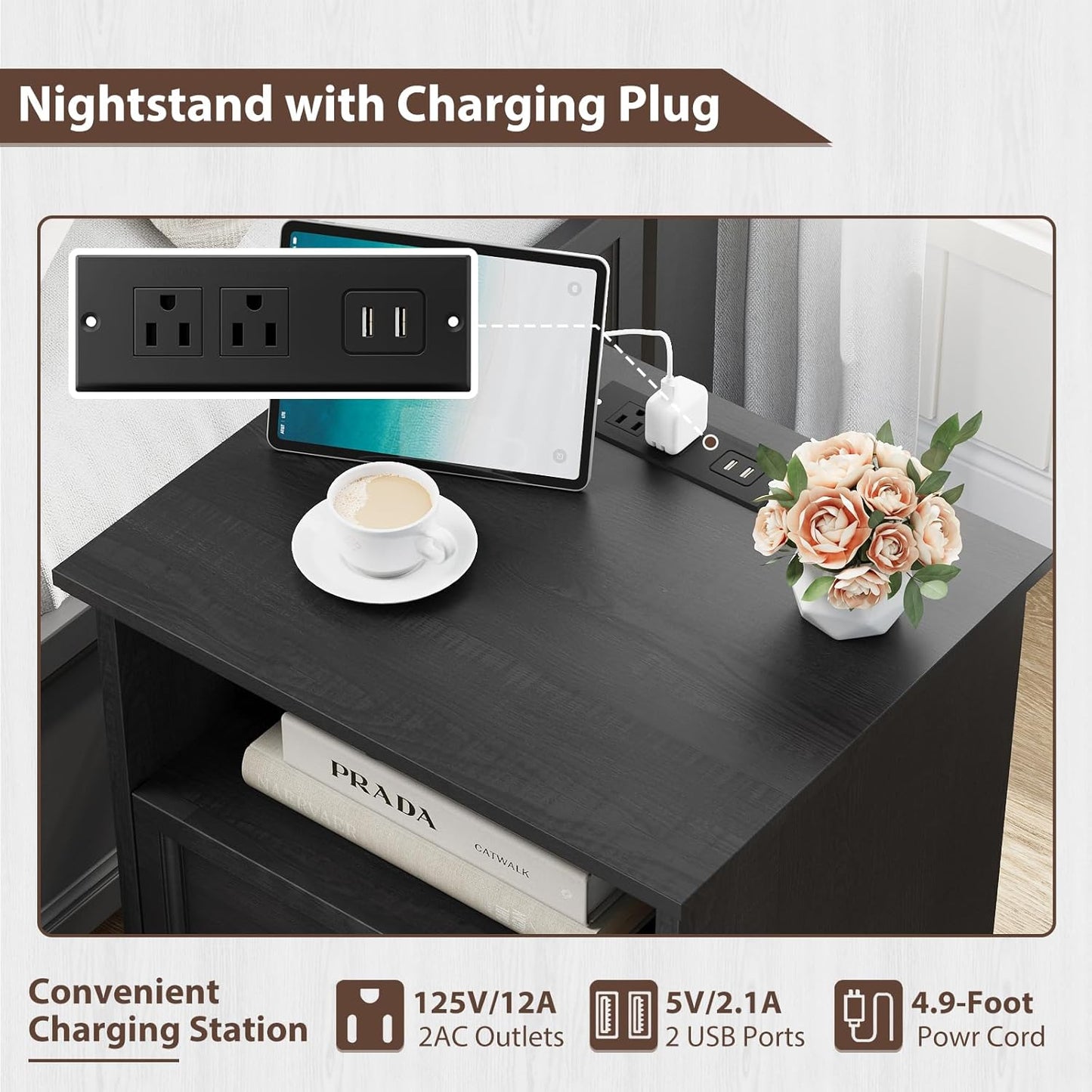 Black Nightstand with Charging Station, Farmhouse End Table with 2 Drawers, Bedside Table with Space-Saving Storage Cabinet, Unique Base Design for Bedroom & Living Room