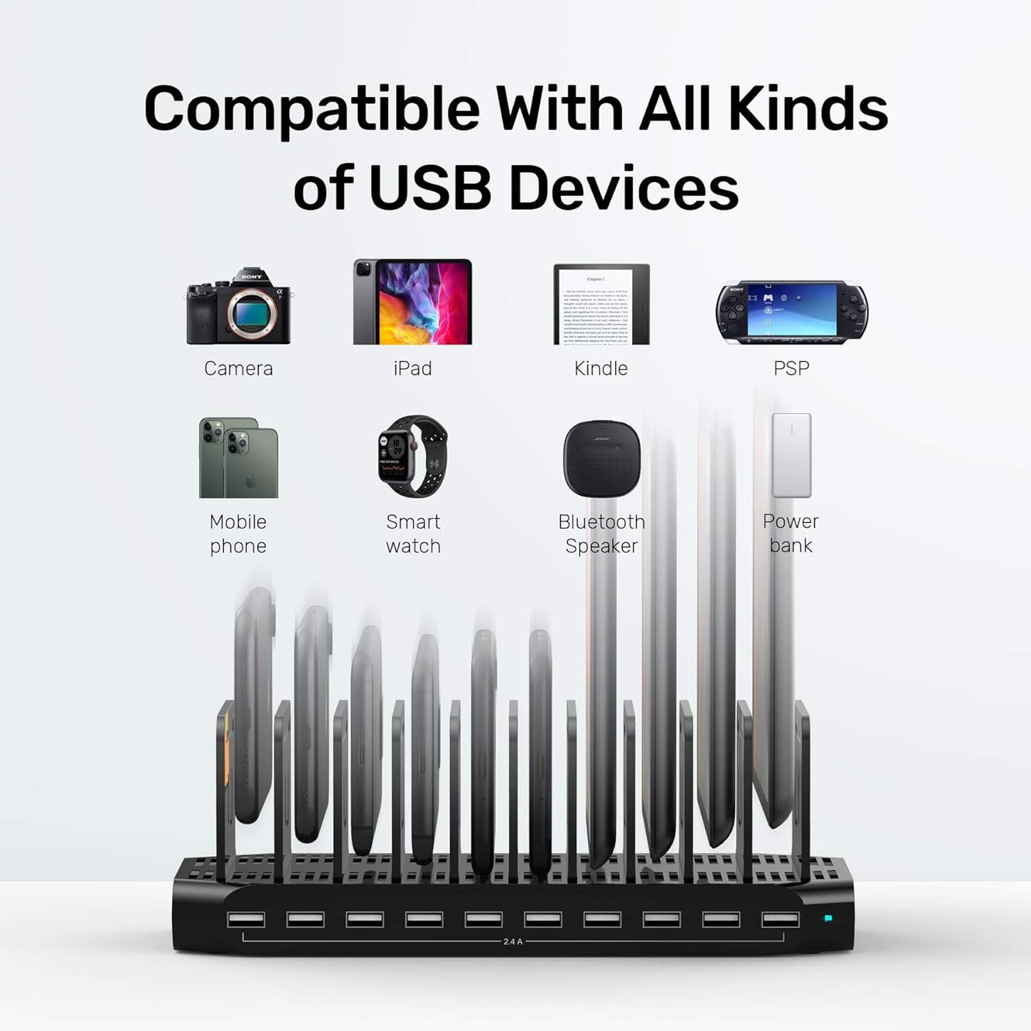 【5PCS】 Unitek USB Charging Station, 10 USB Fast Ports Charge Docking Station and Adjustable Dividers, Multi Device Charger Organizer Compatible with iPad, iPhone, Tablet and Cell Phone - 5PCS, Black