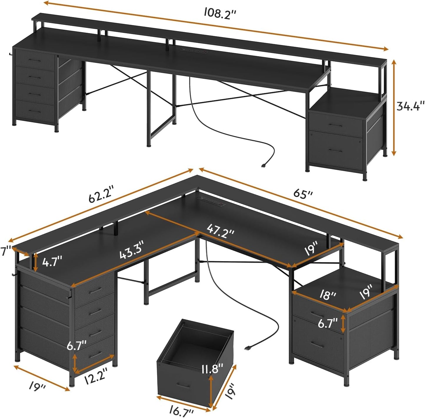 SEDETA L Shaped Desk with 6 Drawer, 108" Home Office Desk with File Drawer & Power Outlet, Corner Computer Desk with Monitor Shelf, File Cabinet, Two Person Desk, Gaming Desk with Led Lights, Black
