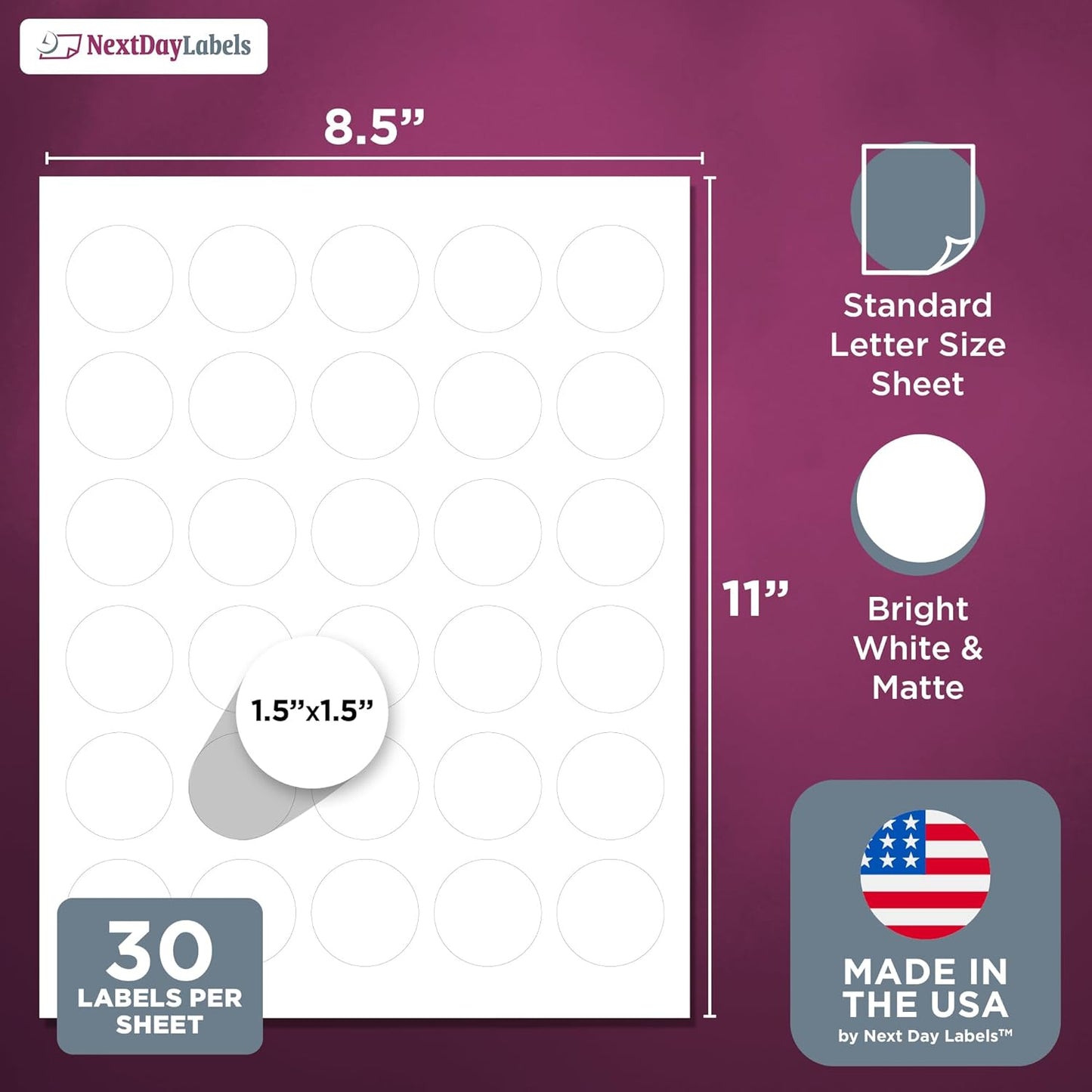 NextDayLabels – 1.5 Inch Round Sticker Labels for Printer - Matte White Blank Laser/Inkjet Printer Labels - Circle Stickers - Printable Labels (1500 Total)