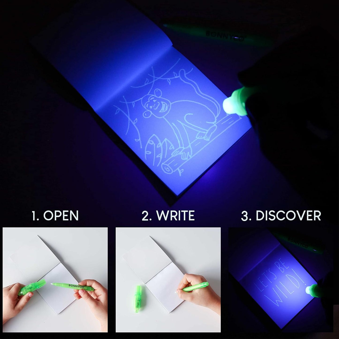 BONNYCO Invisible Ink Pen and Notebook Pack 32 Safari Party Favors for Kids Magic Spy Pen Goodie Bags Stuffers for Kids | Jungle Goody Bag Stuffers Return Gifts Birthday, Classroom Prizes Students