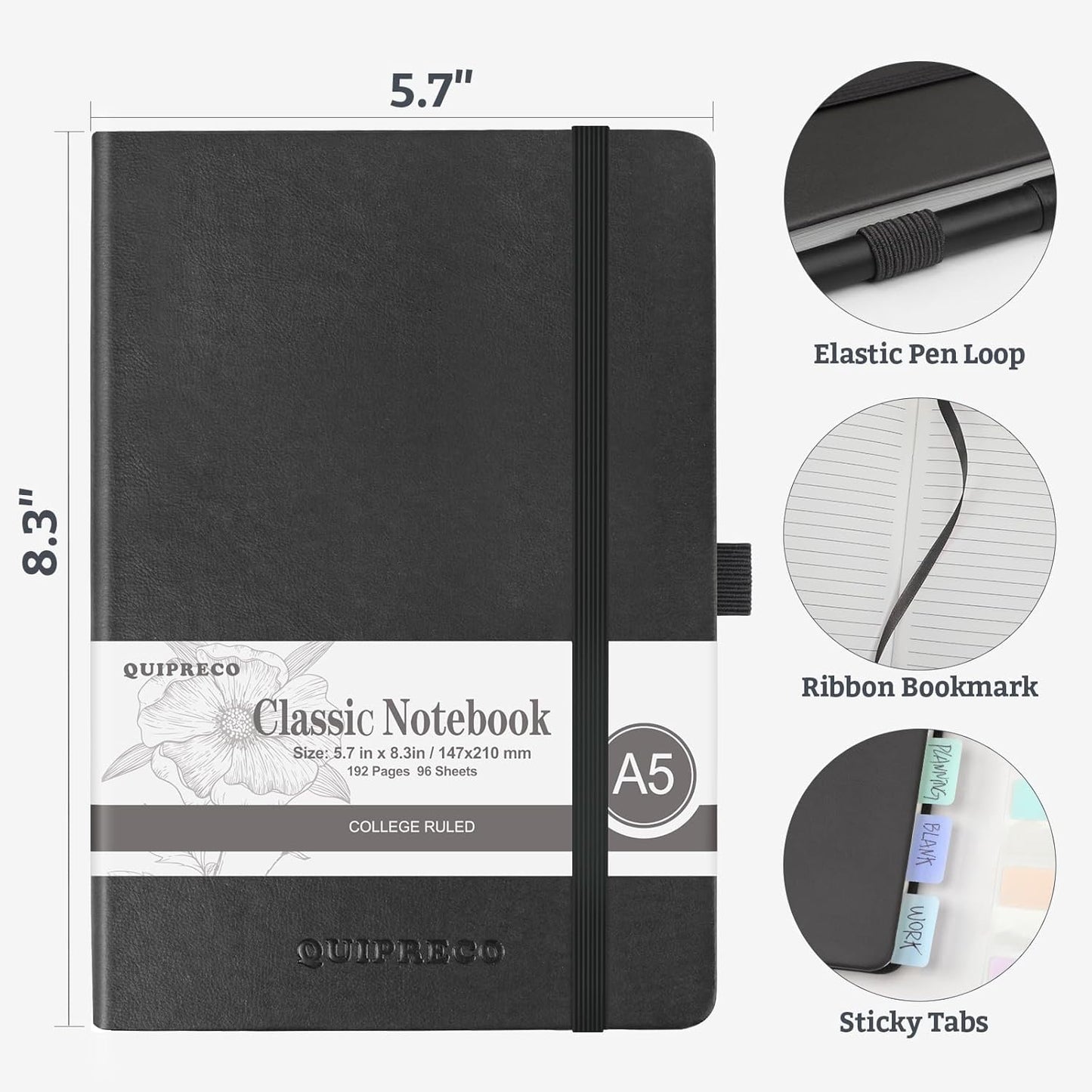 Hardcover Lined Bullet Dotted Journal Notebook, A5 140 192 Pages 100 120Gsm Paper College ruled for School,Work,Travel,and Daily Planning，5.7''*8.3'' (1, Black, A5 Lined)