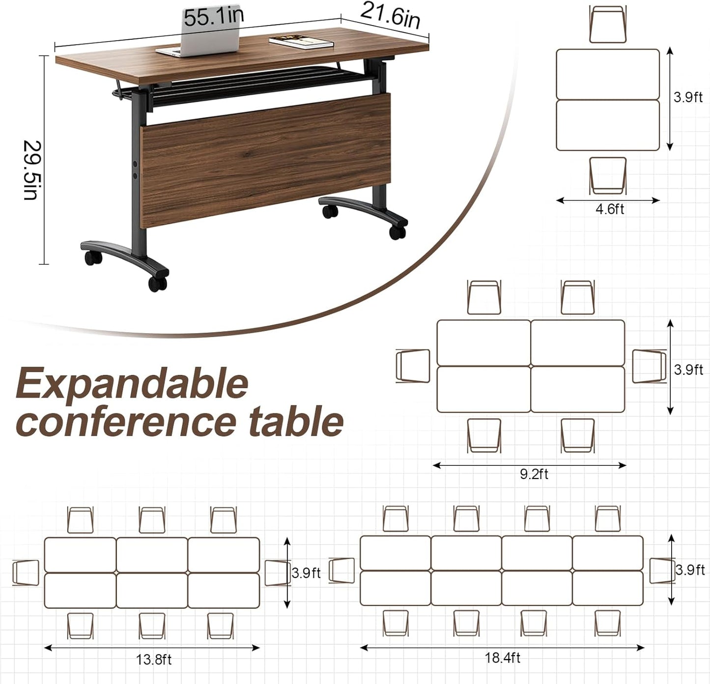 Folding Conference Table, Modern Large Conference Room Tables with Flip-Top Design, Foldable Conference Table Meeting Table with Wheels, Mobile Seminar Training Tables for Office Classroom (4, Walnut)