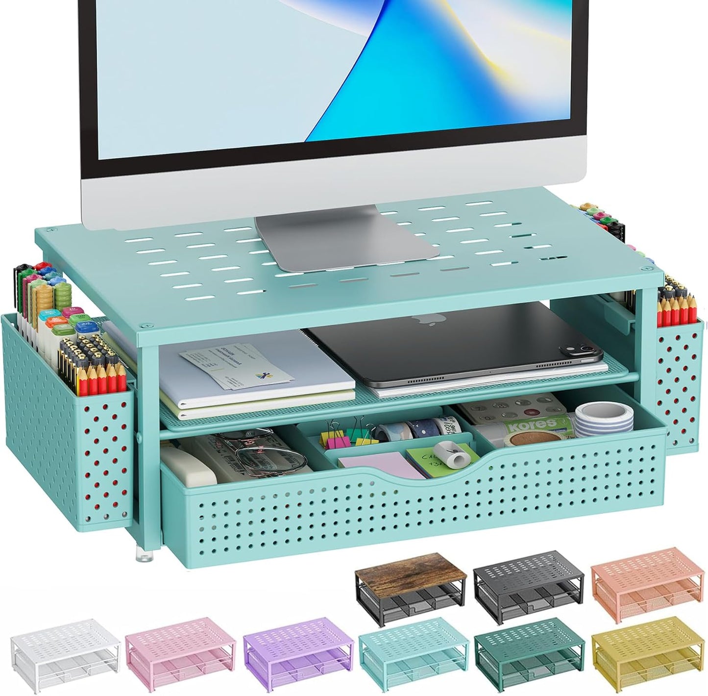 gianotter Desk Organizers and Accessories, Monitor Stand with Drawer and 2 Pen Holder, Desktop Organizer Suitable for Offices and Dormitories (Blue)