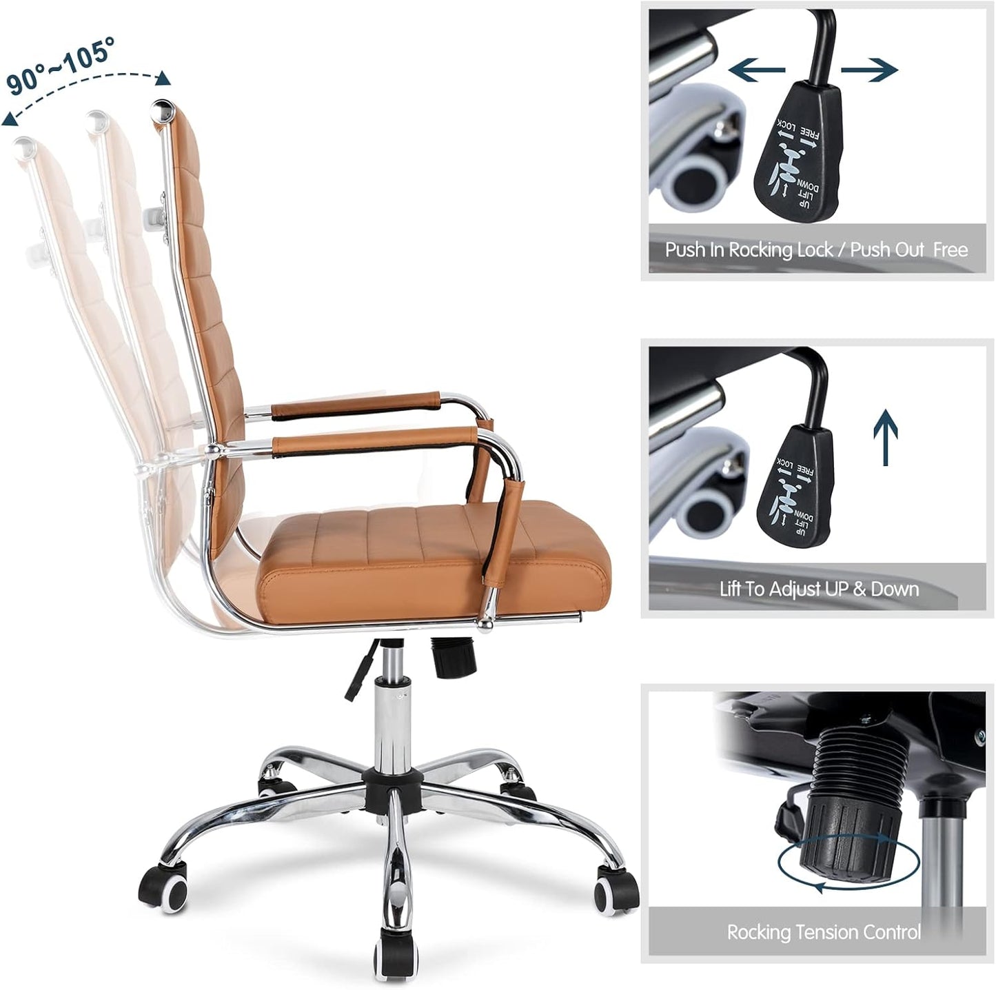 Home Office Chair Ribbed, Modern Leather Conference Room Chairs, High Back Executive Computer Chair, Ergonomic Office Desk Chair, Adjustable Swivel Chair with Arms (Brown)