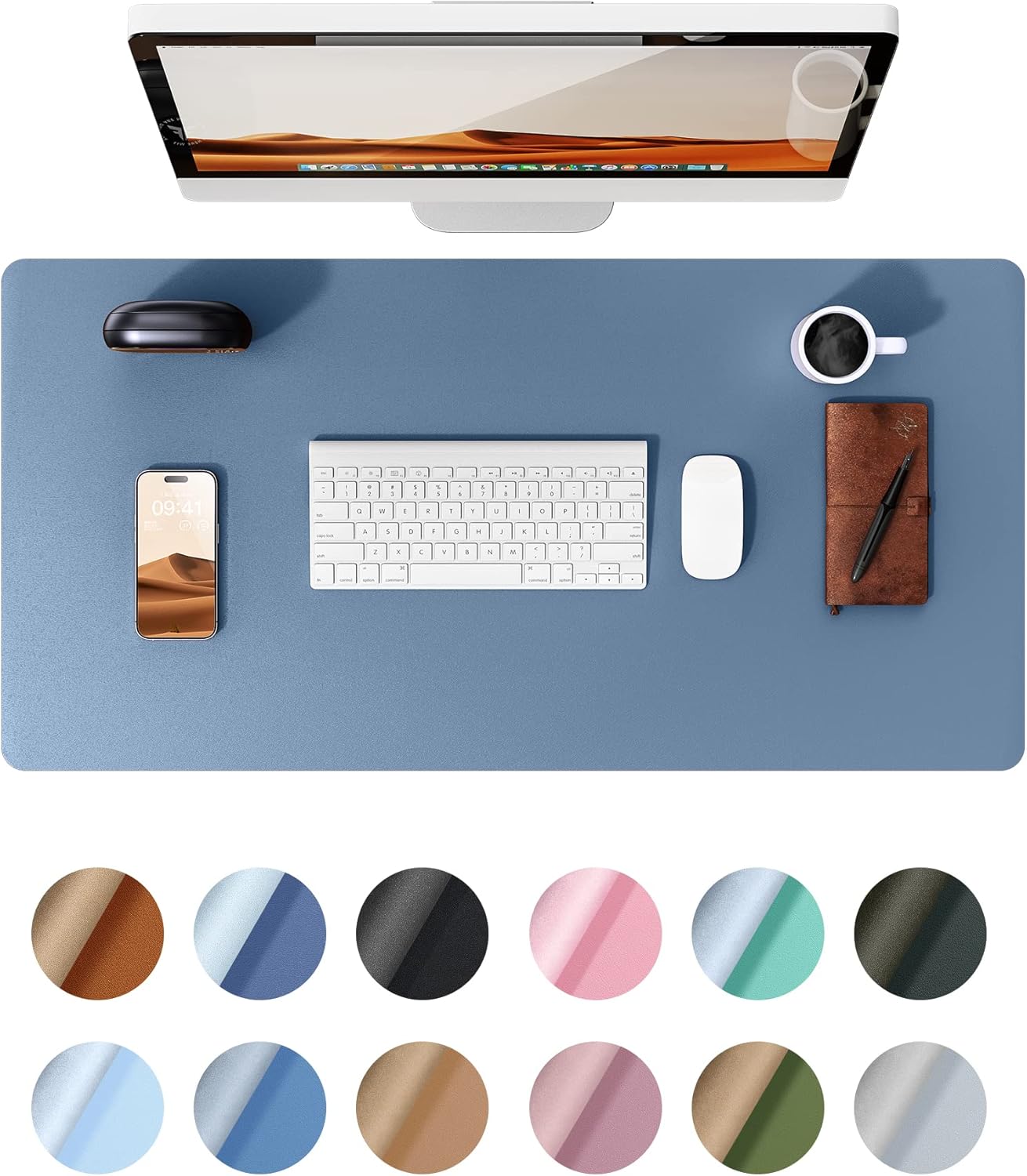 YSAGi Leather Desk Protector, Office Mat, Large Mouse Mat, Non-Slip PU Leather Blotter, Laptop Desk Pad, Waterproof Writing Pad for Office and Home (Blue, 35.4" x 17")