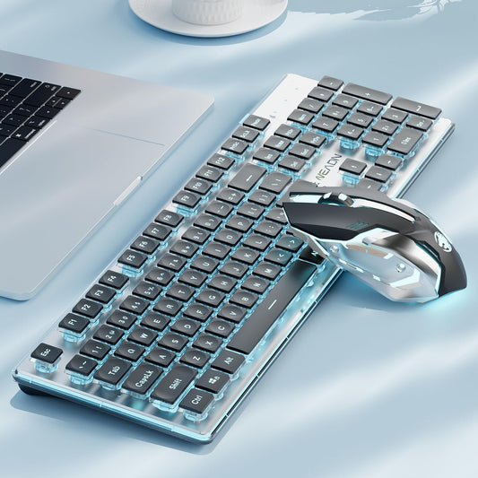 EWEADN V3 Wireless Keyboard and Mouse with Blue Backlit, Metal Panel, Bluetooth/2.4G Rechargeable Computer Keyboard and Mouse Combo Silent Lighted Full Size Cordless Keyboards-Black