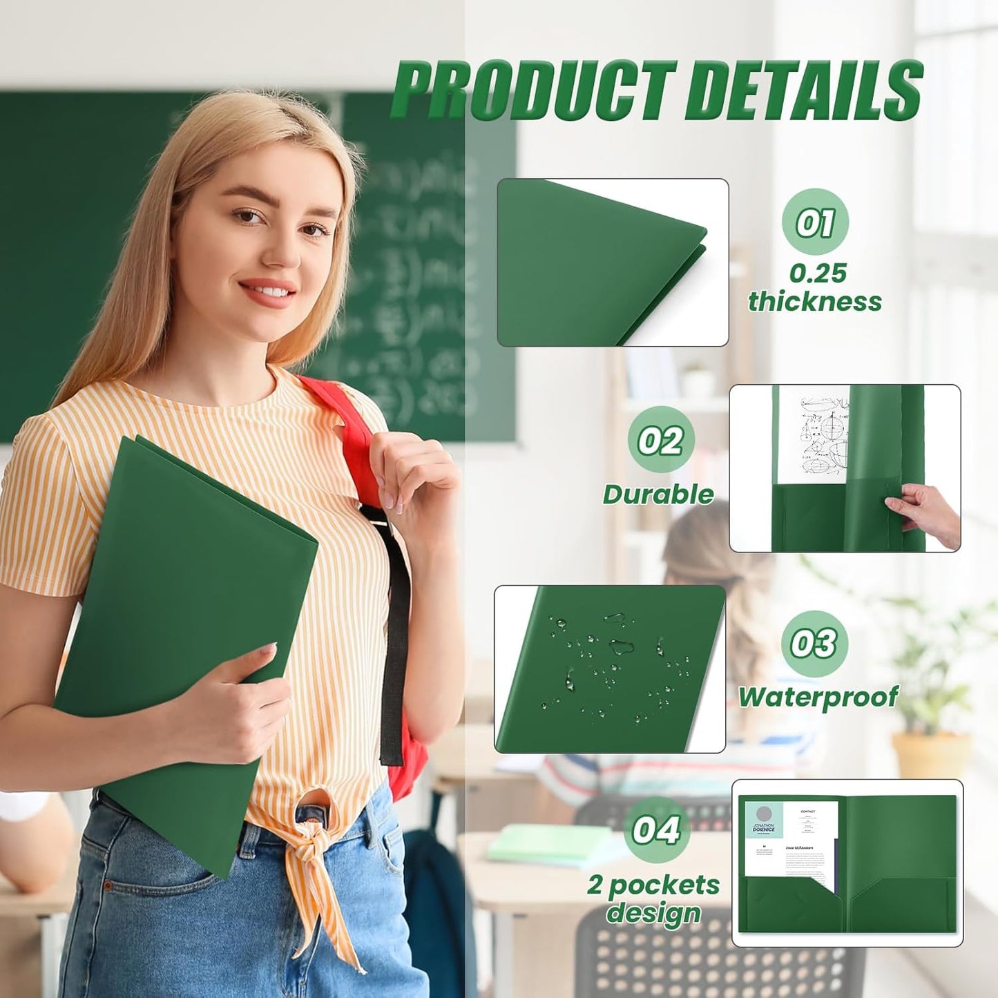 Gueevin 24 Pcs Plastic Folders with Pockets, Back to School Two Pocket Folder Fit Letter Size, Heavy Duty School Business Card Holder for Home Office, 11. 61 x 9. 45 Inches (Dark Green)