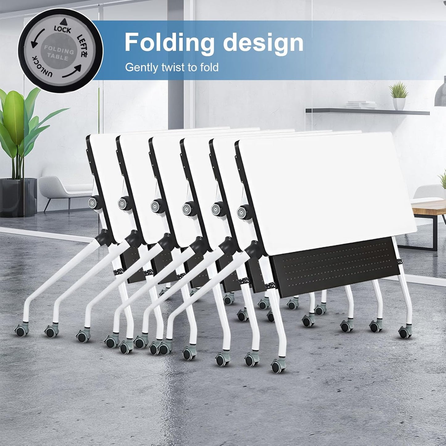Conference Table, Folding Conference Room Tables, Mobile Training Tables with Silent Wheels, Large Rectangular Modular Seminar Table Office Computer Desks for Classroom White (8Pack L63in)