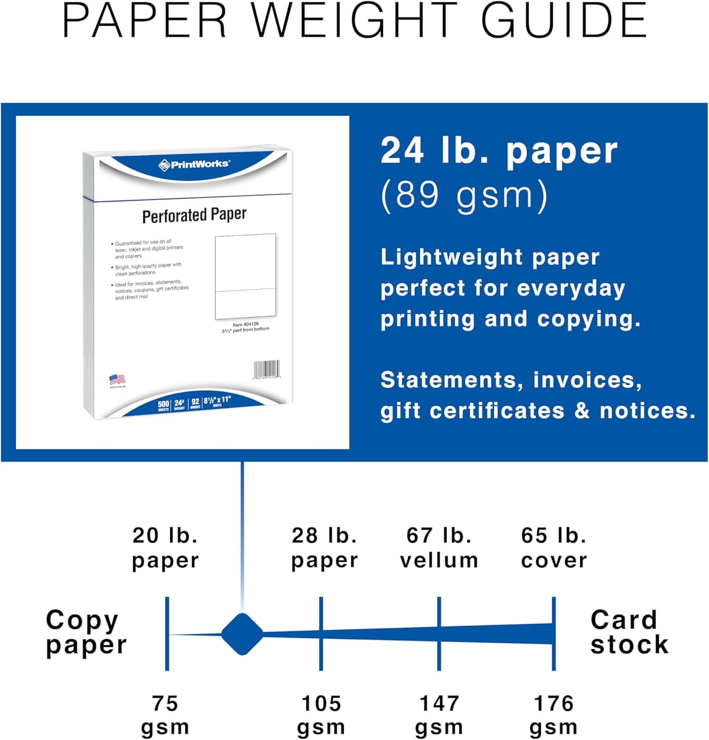PrintWorks Professional 3 2/3" Horizontal Perforated Paper 8.5” x 11” - Perfect For W-2, 1099, & Statement Use - Made in the USA - 500 Sheets - 20 lb - Printer Compatible - White (04124)