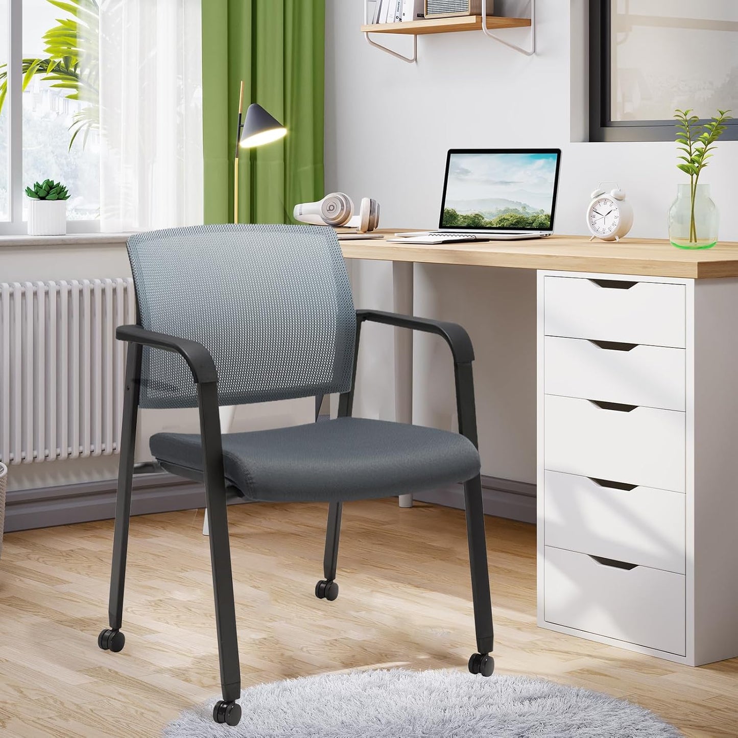 CLATINA Grey Waiting Room Chair with Wheels Mesh Back Stacking Arm Chairs with Upholstered Fabric Seat and Ergonomic Lumbar Support for Office School Church Guest Reception