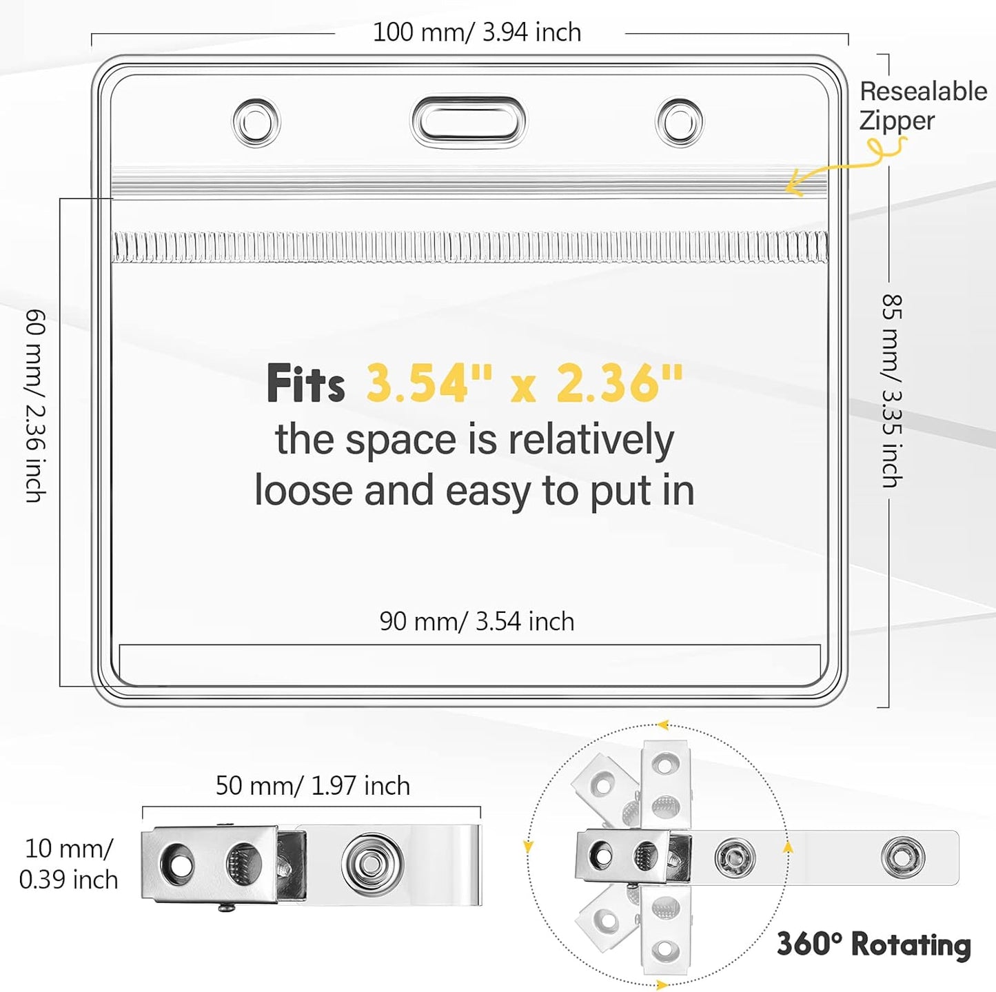 Zonon 150 Sets Name Badge Holders with Clip Clear on Name Tag Waterproof PVC ID Transparent Badge Holder with Resealable Zipper Seal Metal for Teacher Student Worker(Classic Clip)