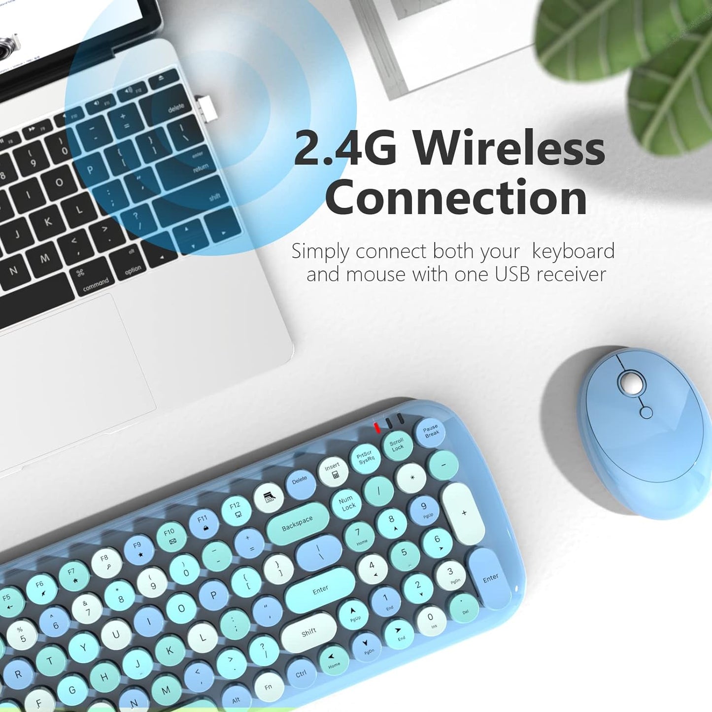 MOFII Wireless Keyboard and Mouse Combo, 2.4GHz Retro Typewriter Keyboard and Cute Mouse for Computer PC Desktops Laptop Windows(Blue Mix)