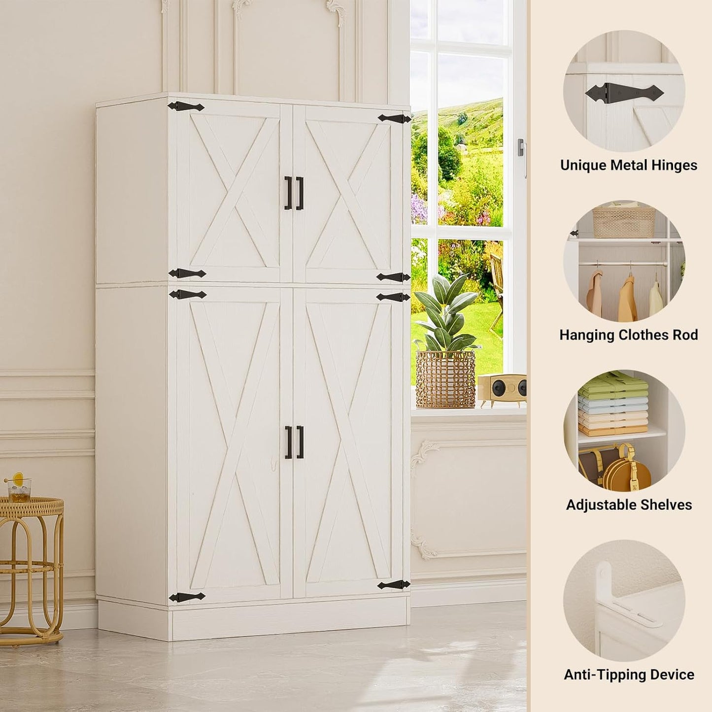 Unikito 71'' Farmhouse Wardrobe Closet with Hanging Rod, 4 Barn Door Clothing Storage Cabinet with Adjustable Shelves, Freestanding Wardrobe Cabinet for Bedroom, Living Room, Cloak Room, Office, White