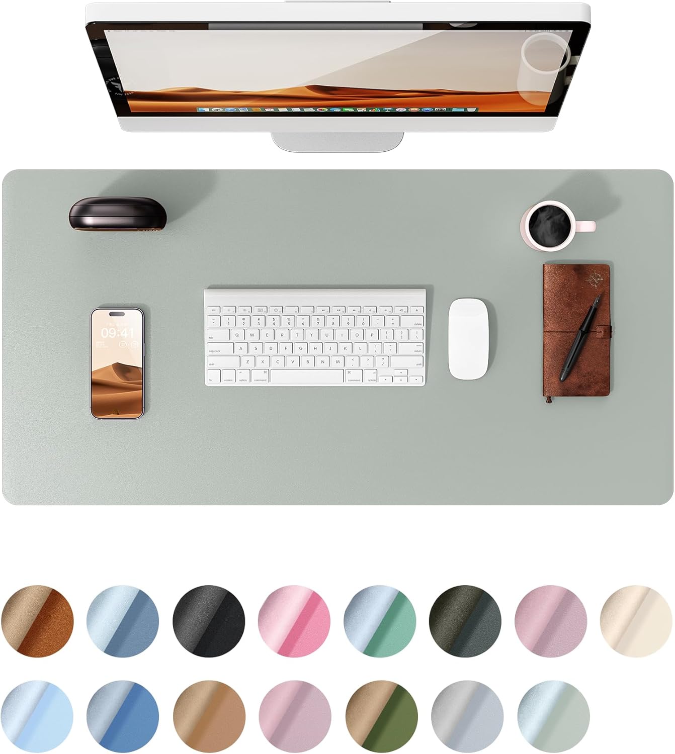 YSAGi Leather Desk Protector, Office Mat, Large Mouse Mat, Non-Slip PU Leather Blotter, Laptop Pad, Waterproof Writing Pad for Office and Home (Grayish Green, 31.5" x 15.8")