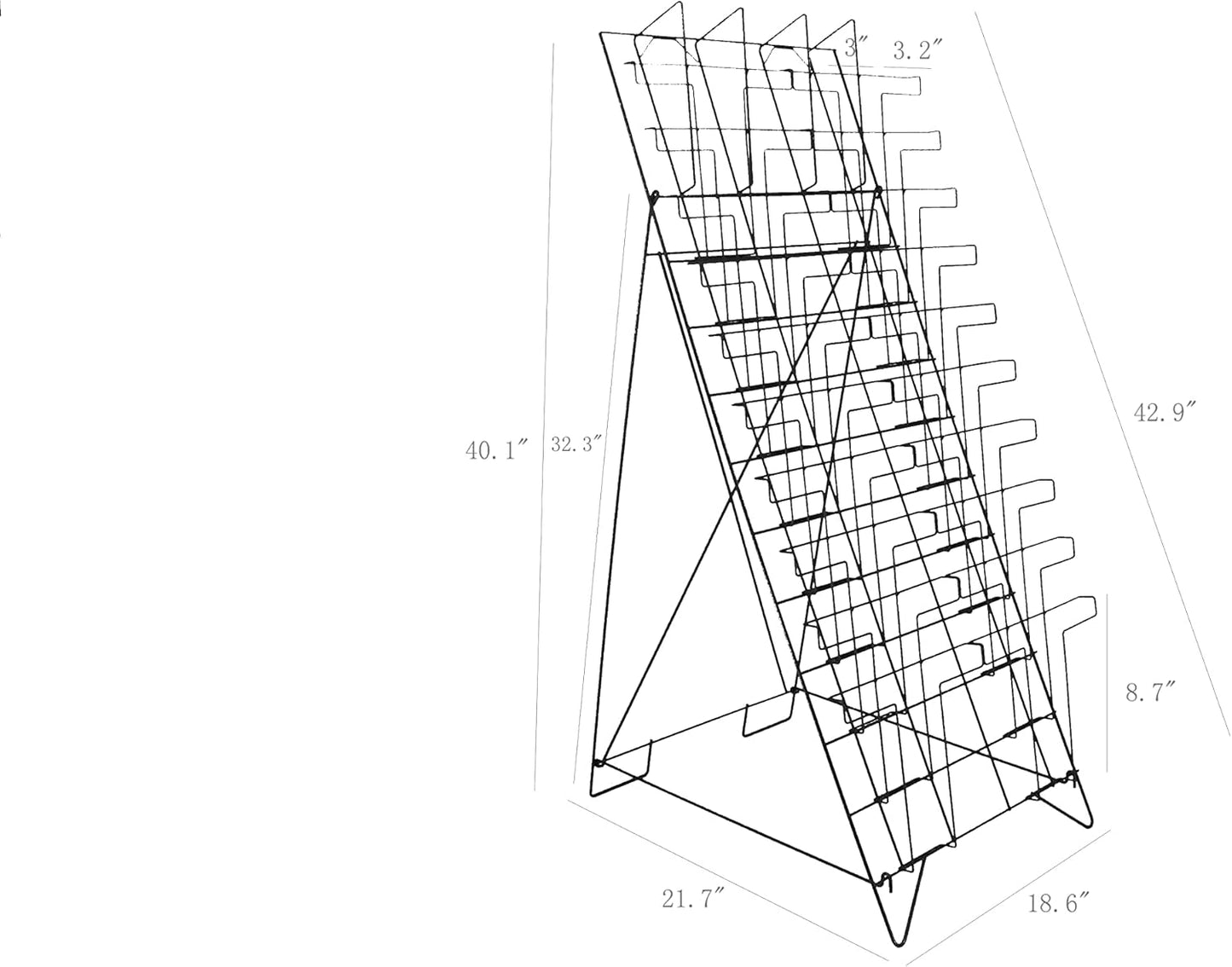 Displays2go Tiered Black Wire Magazine Rack, 19-1/4"w x 25-1/2"d x 51-1/2"h, Free Standing Floor Fixture With 20 Stacked Pockets, Sign Slot