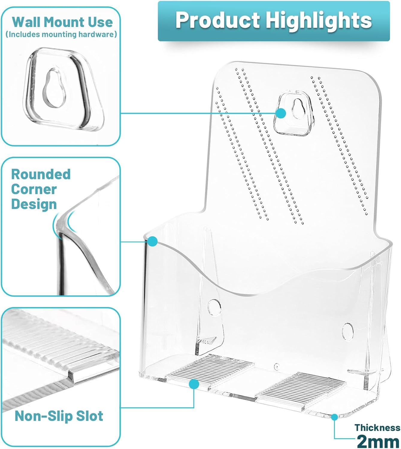 Acrylic Brochure Holder 8.5 x 5.5 Inches, 6-Pack Clear Plastic Display Stand for Half-Fold Flyers, Pamphlets, Menus, Trifold Literature, Wall Mount or Countertop Use