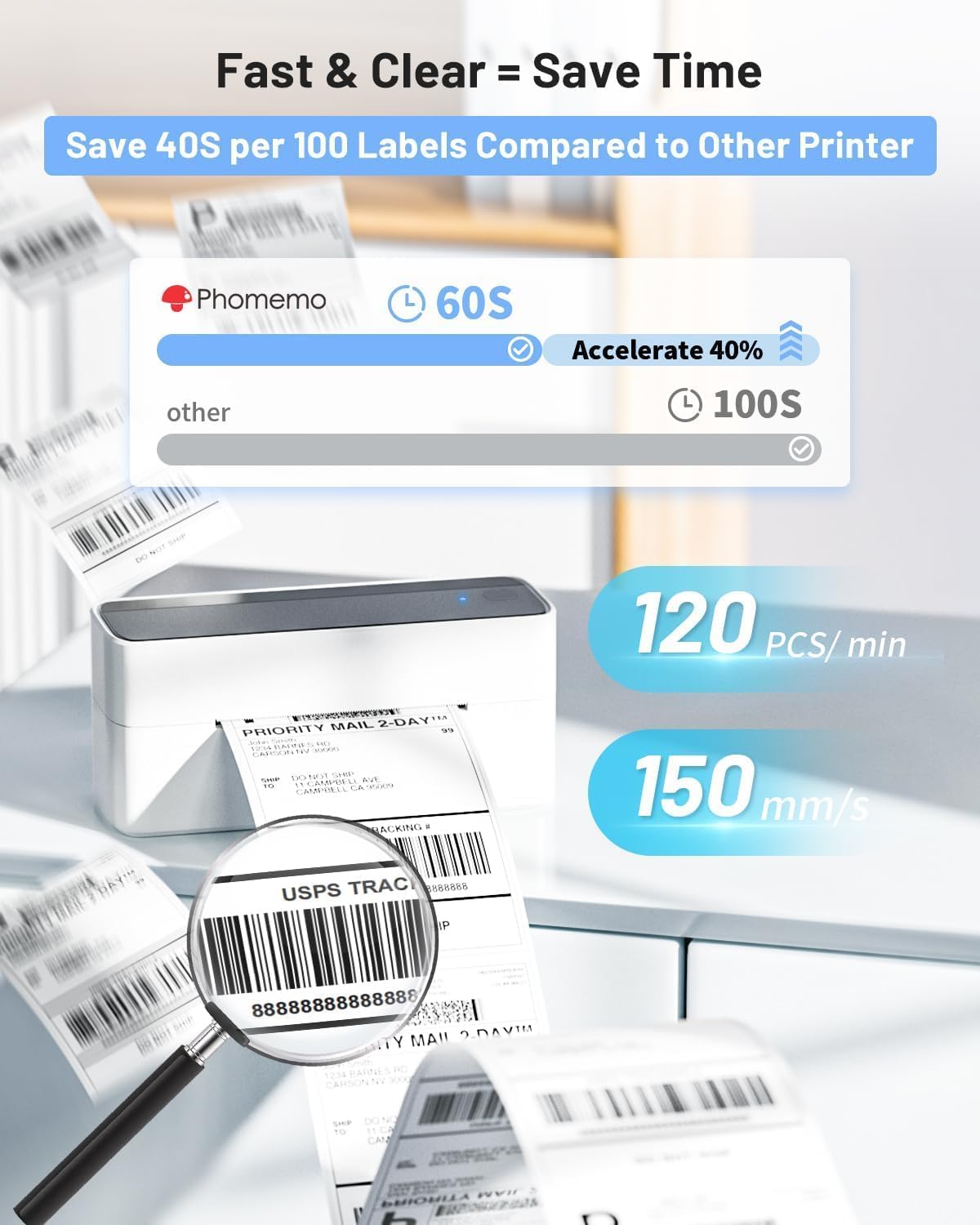 Phomemo Bluetooth Thermal Printer for Shipping Packages - Wireless Label Printers for Small Business with Phone&Pad&PC, 241BT Shipping Label Printer Compatible with Amazon, Ebay, Shopify, USPS, Temu